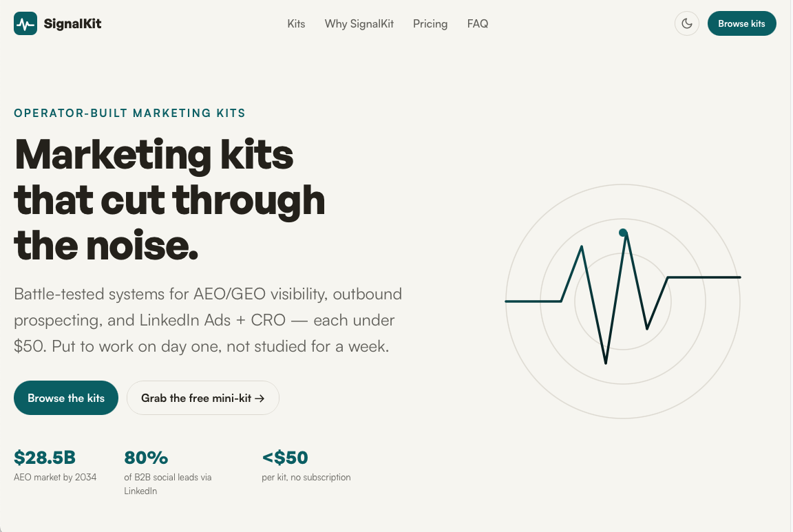 SignalKit operator-built marketing kits website concept